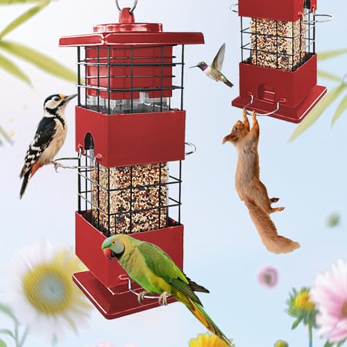 Bird Feeder Squirrel Proof,3Lbs Metal Bird Feeders for Outdoors Hanging, Anti-Squirrel Birdfeeder with 4 Feeding Ports, Wild Birdseed Feeder for Cardinal, Finch, Sparrow (Red)