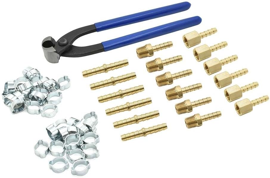 Replacement for H11FK Air Hose Repair Kit with Double Ear Clamps, Crimper, 1/4" Hose Barbs