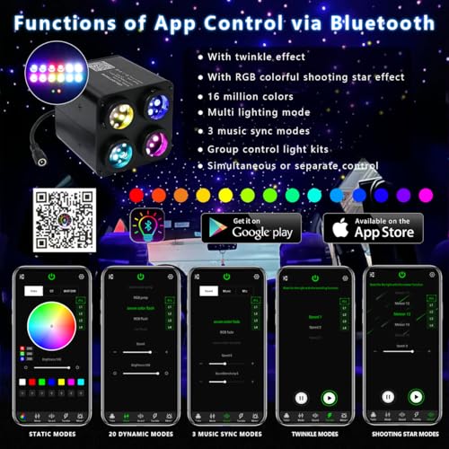 Image of AKEPO 4 Color 36W RGBW Twinkle+Colorful Meteor Two-in-one Fiber Optic Light Source, 4 Ports Twinkle+RGB Shooting Star+Music Activated+Bluetooth APP+28-Key Remote Control Home /Car Starlight Headliner