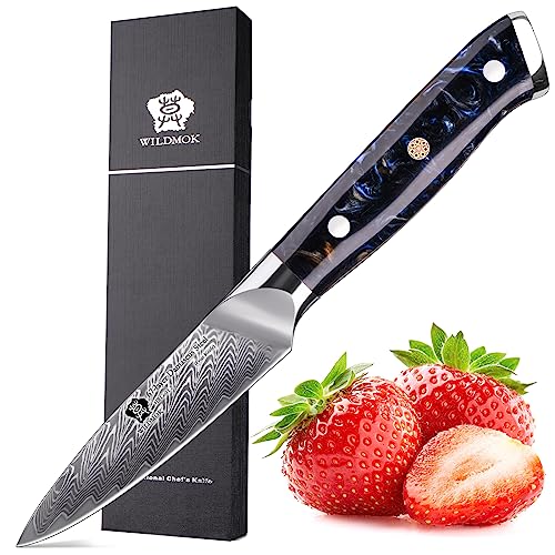 WILDMOK Cuchillo de pelar de Damasco 8 cm, acero de Damasco japonés de 67 capas, cuchillo de pelar profesional, cuchillo de cocina de hoja ultra afilada, mango de resina ergonómico