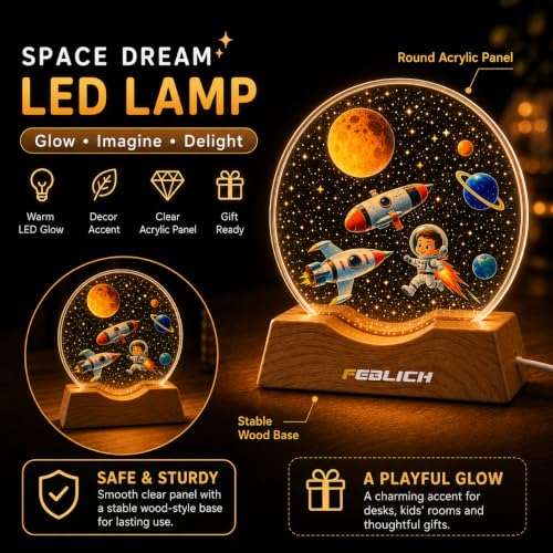 Image of 3D Acrylic LED Night Light - Warm White & Astronaut Boy FIre Design with Durable Plastic Base, Decorative Table Lamp for Bedroom, Living Room, Kids Room, Study & Home Decor Gifting