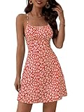 Cenei Damen Sommerkleid mit Blumenmuster, Rückenfrei, mit Bindeband, Ärmellos, Rot, XXL