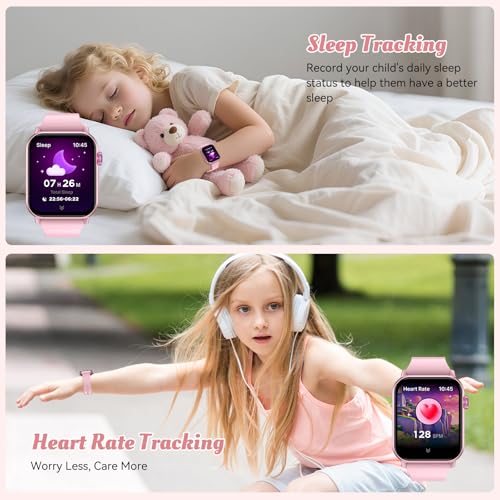 Image of Smart Watch for Kids, 12 Puzzle Games HD Touch Screen Watches, Step Counter, Heart Rate and Sleep Monitor, Flashlight, 12 /24 hr Educational Toys Birthday Gifts for Girls Ages 6-12 (Pink)
