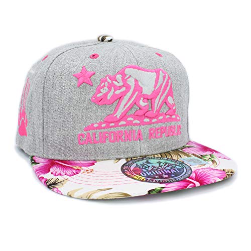 Embroidered California Republic with Bear Claw Scratch Snapback Cap (Hgrey/Pink/Flower)