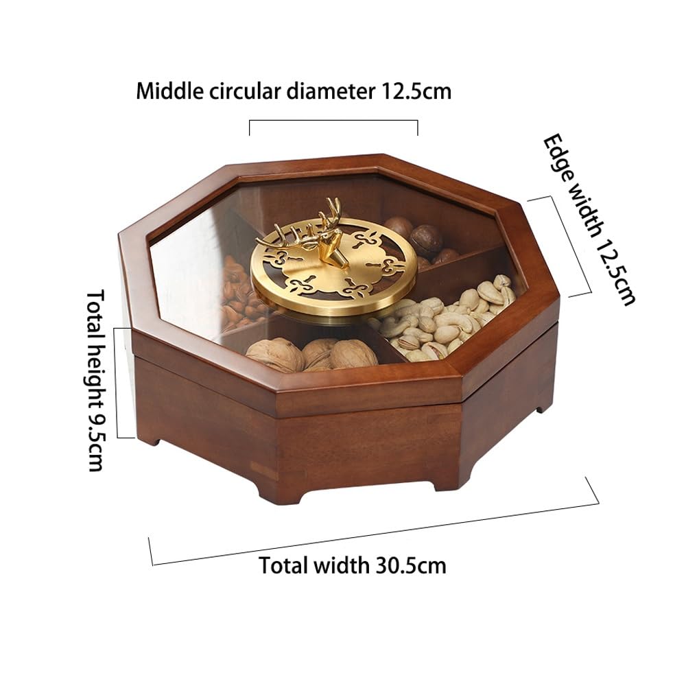 Servidor de aperitivos dividido con tapa transparente, múltiples compartimentos para dulces, frutos secos y aperitivos, ideal para fiestas y eventos, duradero y fácil de limpiar