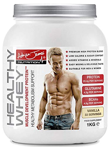 Adrian James Nutrition - Healthy Whey Protein Powder for Men & Women, Premium Grade Whey Protein Shake with BCAAs, Glutamine, Magnesium, Zinc, Vitamin D & B6, Vanilla Flavour, 33 Servings, 1 kg