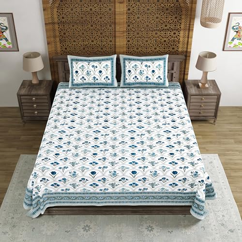 Image of BLOCKS OF INDIA Hand Block Printed 200 TC Cotton King Size Bedsheet (Grey Rose)