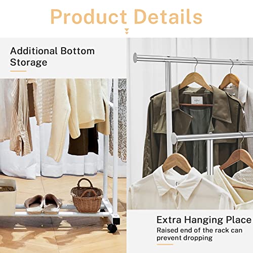 Canpa Clothes Rack, 55.51 Inch Double Clothing Rack With Wheels And Bottom Shelf, 130Lb Capacity Garment Racks For Hanging Clothes, Coats, Shirts, Sweaters, Skirts, White #TOP2