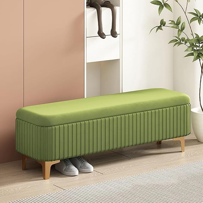Image of LEGACY OF COMFORT Qwen Velvet Upholstered Flip Top Storage Bench 2 Seater Sofa Upholstered Ottoman Bench with Storage for Living Room, Bedroom (Light Green)