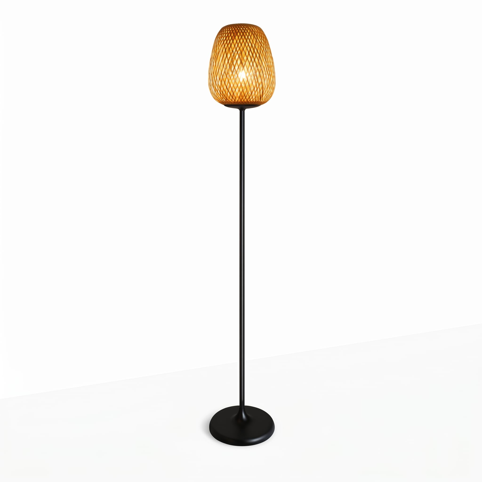 BARCELONA LED NIKKO Stehlampe aus Rattan mit E27 Fassung, Boho Bodenlampe Naturfaser, Handgefertigter Lampenschirm, Schwarzes Metall, Wohnzimmer Schlafzimmer Esszimmer Leselampe
