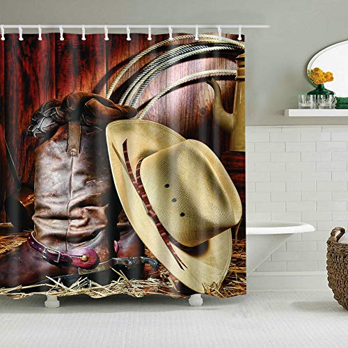 Fangkun Vintage Shower Curtain Art Bathroom Decor - West Rodeo Cowboy Boots And Hat Design Polyester Fabric Bath Curtains Set - 12Pcs Shower Hooks - 72 X 72 Inches #TOP1