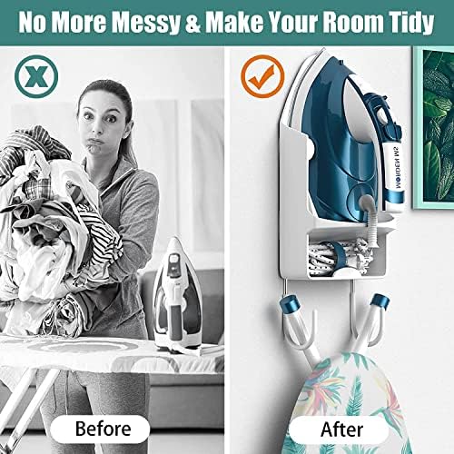 Ironing Board Holder Wall Mount Electric Iron Hanger Ironing Board Rack Ironing Board Storage Organizer Ironing Basket Over Door or Wall Mount in Laundry Room (White)