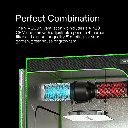 Vivosun Air Filtration Kit, 4” 190 Cfm Inline Ventilation Fan With Speed Controller, 4” Black Carbon Filter And 8’ Of Ducting For Grow Tent, Planting Room, Air Circulation #TOP1