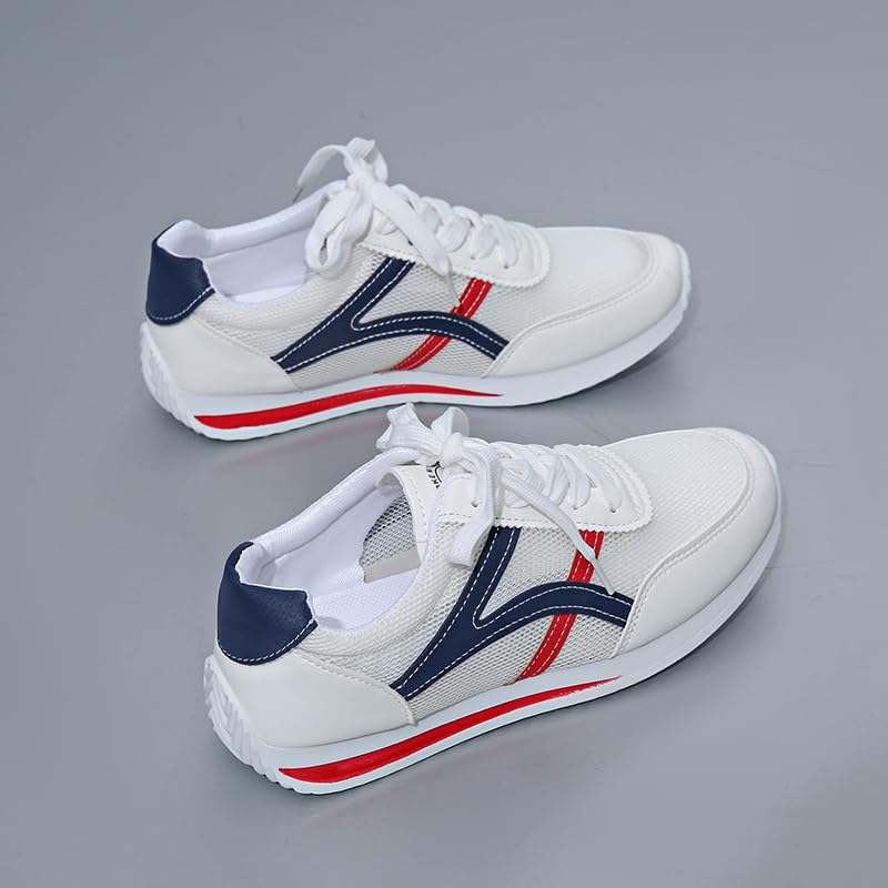 Athletic Sneakers, Mesh and Leather, White/Navy/Red, Casual Running Style2