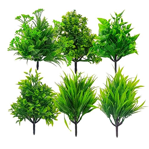Dekorly Artificial Plastic Mix Green Grass Fake Outdoors Plant Bushes Decor Faux Greenery Shrubs For Outdoor And Indoor, Artificial Shrubs Stems | Height- 7 Inches (Multi-6)