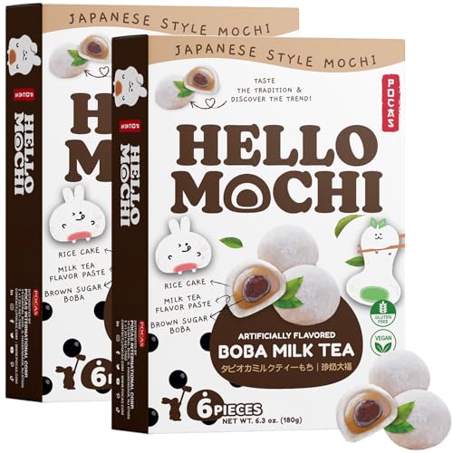 Pocas Hello Mochi, Boba Milk Tea 2-Pack – Soft and Chewy Japanese Snacks, Sweet Rice Cake, Brown Sugar Boba Milk Tea Mochi, Gluten-Free, 6.3 Oz Ea