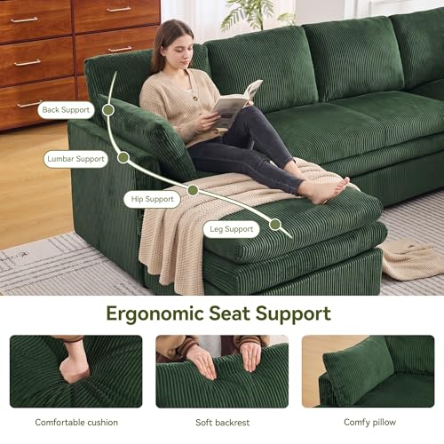 Image of 110 inch Sectional Couches with Right Chaise, Comfy Deep Dual-Layer Cushion Couch, 7 Seater U Shaped Couch, Modern Modular Sofa, Corduroy Sofas for Living Room, Apartment, Green