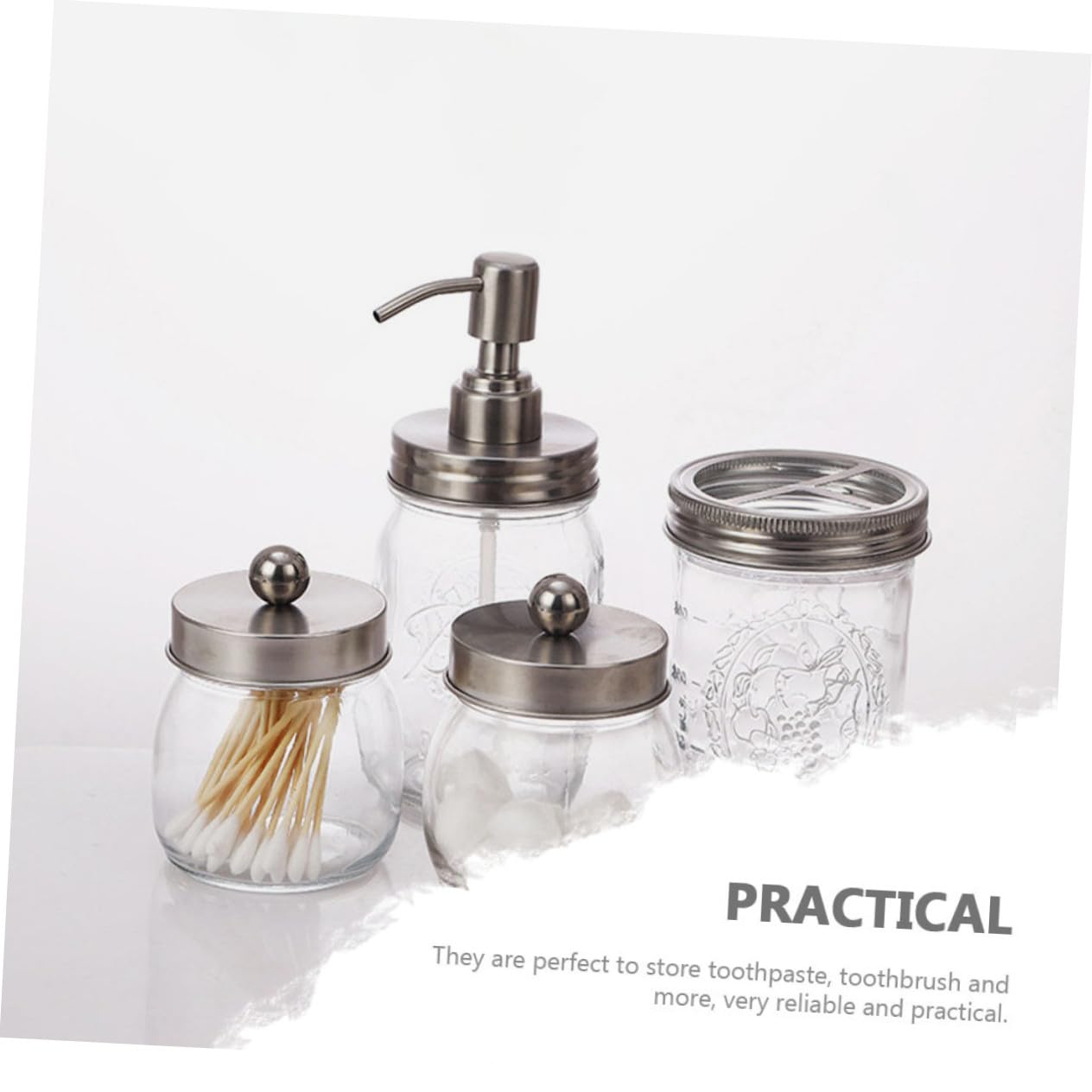 Cabilock Juego De Accesorios Baño Vidrio Vaso para Cepillo De Dientes y Vaso para Hacer Gárgaras, Tapa Plateada, 4 Piezas, Material Duradero, Práctico para Uso Doméstico y Limpieza Diaria