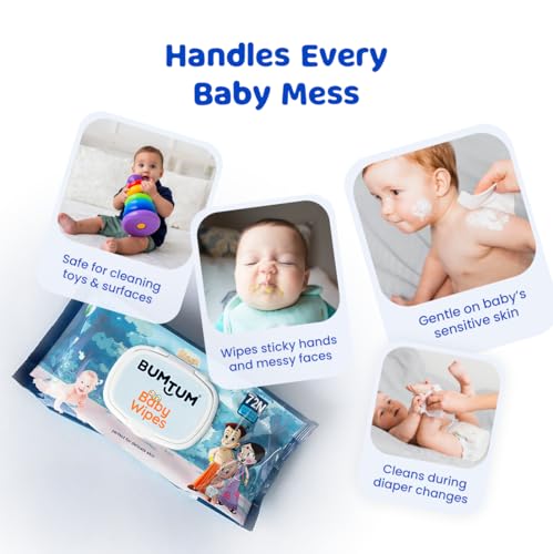 Image of Bumtum Baby Chota Bheem Gentle Soft Moisturizing Wet Wipes with Lid | Aloe Vera & Chamomile Extracts | Paraben & Sulphate Free (Pack of 5, 72 Pcs. Per Pack)