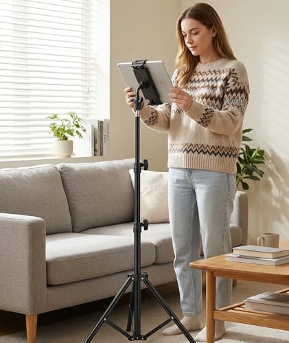 Image of Tab Stand Holder, Tablet Stand Floor Height Adjustable Tripod for Video Conferencing and Content Creation, Portable Tablet Holder with 55-120 cm Extendable Design