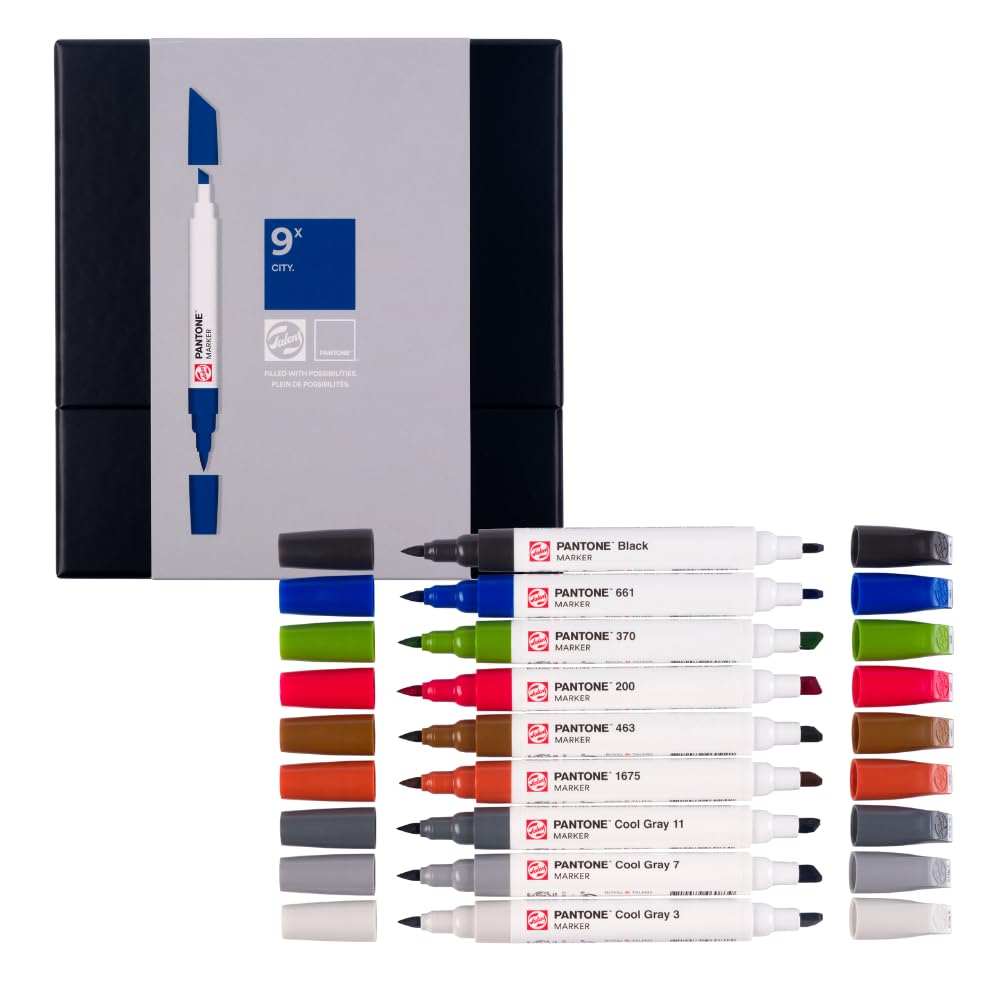 Talens | Pantone Marker Set of 9 City | Dual-Tip Pens with Brush and Chisel Nib | Water-Based, Pigmented Ink in Pantone Colors