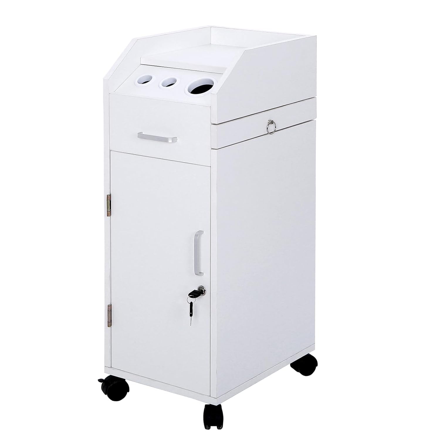 Pvillez Salon Stations for Hair Stylist, Salon Cart with Wheels, Salon Trolley Cart with 2 Drawers, 3 Hair Dryer Holders,1 Lockable Cabinet & Silde Tray, Rolling Salon Cart for Barber Station, White