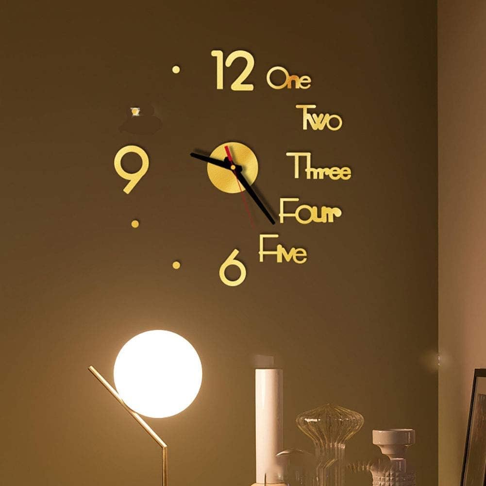 Creative 3D DIY Wall Clock,Modern 3D Stick on Wall Clocks,Silent Non Ticking Frameless Funky Wall Clock Stickers (Color : Gold)
