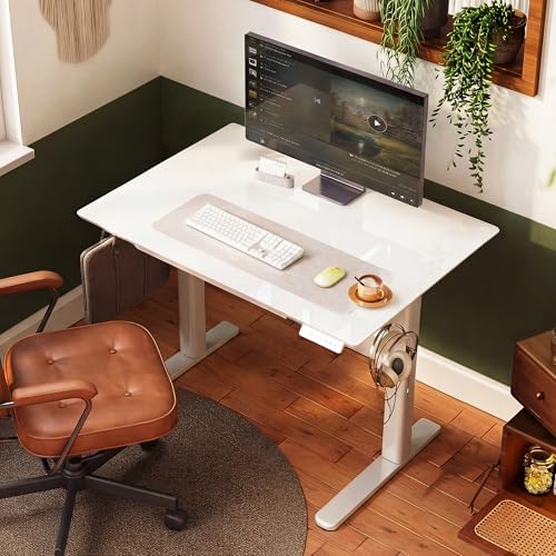 Image of INNOVAR Glass Standing Desk with Drawers 32 x 19 Inch Super White