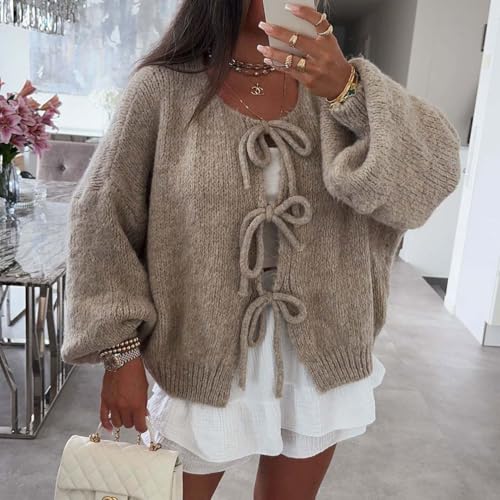 Image of Women Casual Bow Tie Front Cardigan Sweater Solid Crew Neck Long Sleeve Self Tie Open Front Knit Sweater Top Fall