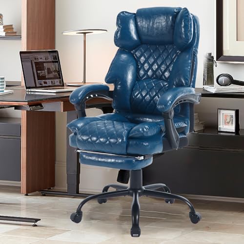 REFICCER Reclining Executive Office Chair with Footrest, Ergonomic Recliner Office Desk Chairs with Lumbar Support, High Back Vintage Leather Computer Chair with Wheels