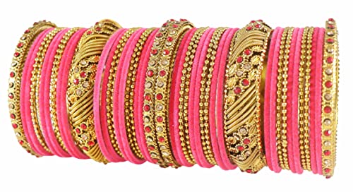 Image of NMII Metal with Zircon Gemstone and Beads Studded Ball Chain Linked Glossy Finished Velvet Bangles Chuda set for Women and Girls