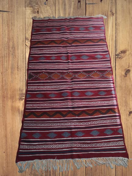 チュニジア製 キリム 手織り マット 絨毯 Amazon | チュニジア手織り平織カーペット/ カラフルストライプ ひし形