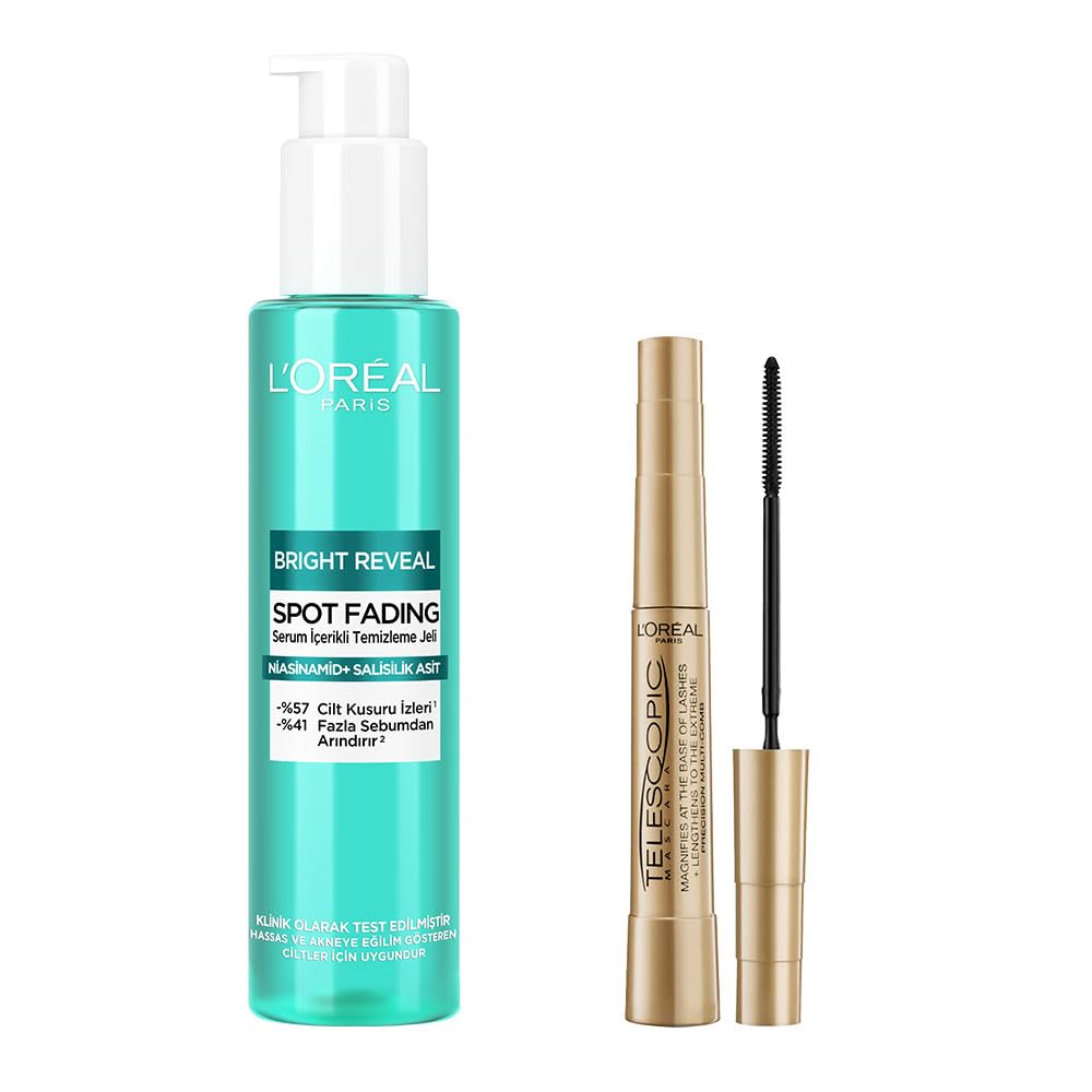 L’Oréal Paris Bright Reveal Cilt Kusuru İzi Karşıtı, Serum İçerikli Temizleme Jeli Niasinamid+Salisilik Asit 150ml & Telescopic Maskara - Siyah