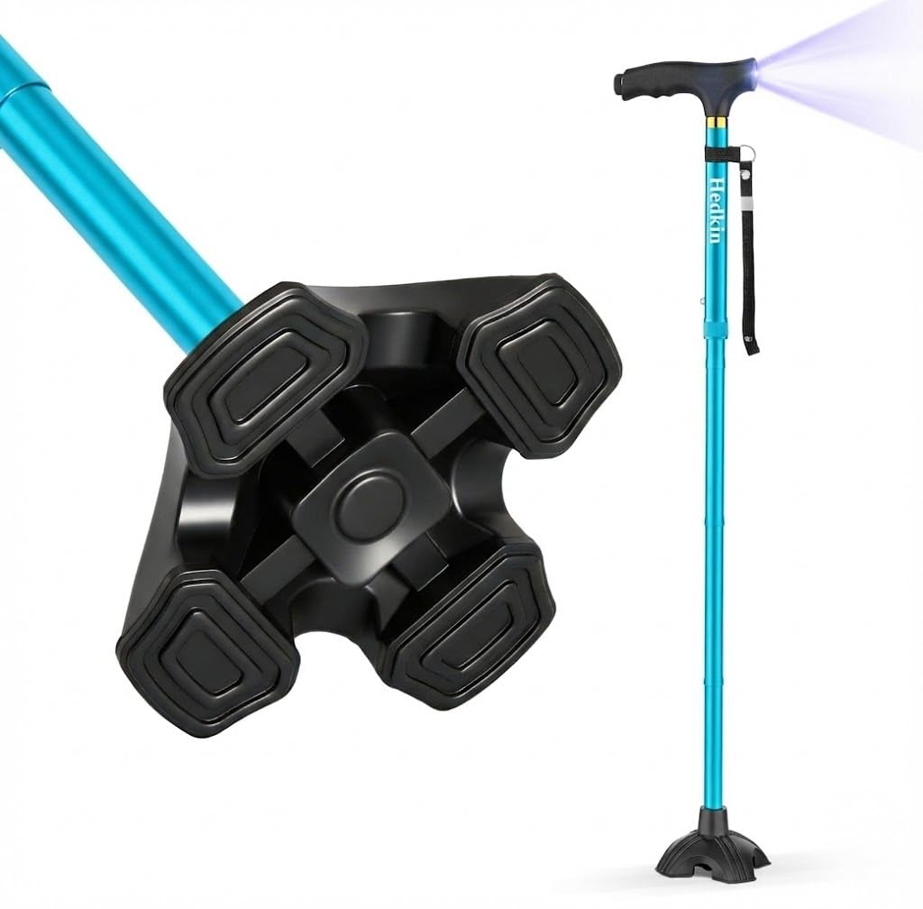 Gehstock mit LED-Licht, faltbar, verstellbar, selbststehend, für Männer und Frauen, Gehstöcke mit vierfacher Basis, für Senioren und Erwachsene
