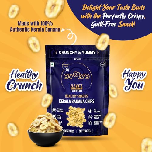 Image of Evolve Kerala Banana Chips Healthy Snacks for Kids, Adults | Gluten-Free, No Sugar or Colors, Vacuum Fried | Ideal for Weight Loss -100g Pack of 3