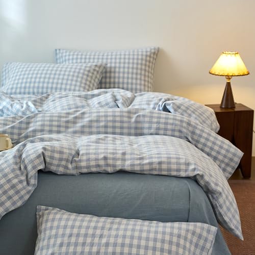 Image of EAVD Vintage Style Blue&White Plaid Gingham Duvet Cover Full Soft 100% Washed Cotton Chic Grid Checkered Bedding Set with 2 Pillowcases Farmhouse Blue Plaid Duvet Cover with Zipper Closure