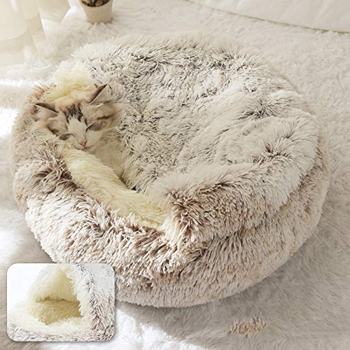 Xpnit Katzenbett,Kuschelhöhle Halbgeschlossenes Schlafsack Warm Plüsch Rund Katzenhaus Schlafplatz Bett für Katzen Klein Haustier,maschinenwaschbar Flauschi Katzenhöhle (65cm,Braun-Plüsch) Cover