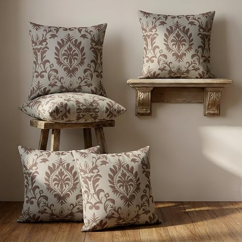 Image of Clasiko 16x16 Cushion Covers - Set of 5 Soft Cotton-Feel Decorative Pillow Covers | Classic Damask, Flap Closure, Perfect for Sofa & Living Room