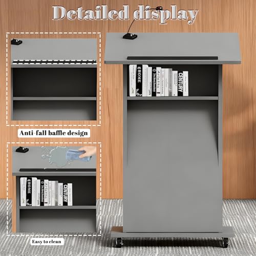 Image of Portable Wooden Podium Stand with Lockable Wheels, Lightweight 42.5 inch Rolling Lectern for Churches, Ideal for Presentations, Events, and Conferences - Versatile White Pulpit.