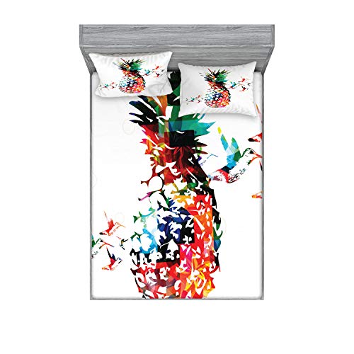 Ambesonne Pineapple Fitted Sheet & Pillow Sham Set, Geometric Pineapple Bursting into Scattering Birds Flight Modern Abstract Print, Decorative Printed 3 Piece Bedding Decor Set, King, Teal Red