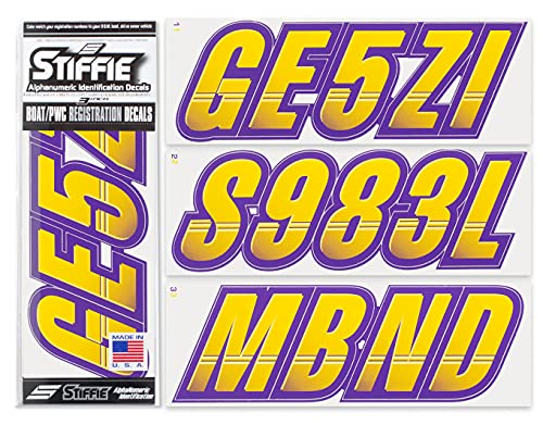 Image of STIFFIE Techtron Yellow /Purple 3 inch Boat & PWC Registration Decals • Numbers Letters Stickers