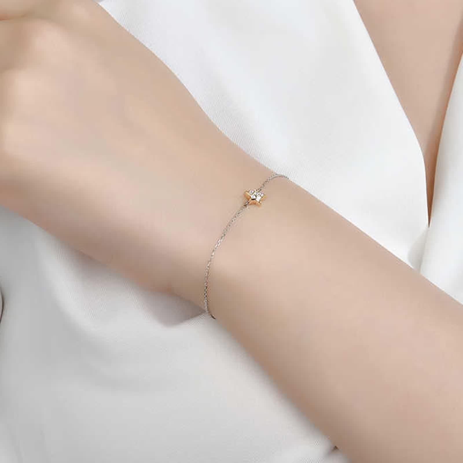 Pulseras de moda para mujer, pulsera de promesa con diamantes blancos de 0,08 quilates, cadena de estrella de oro amarillo y oro blanco