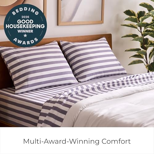 Image of Mellanni Full Sheets Set - 4 PC Iconic Collection Bedding | Hotel Luxury, Extra Soft, Cooling Bed Sheets - Wrinkle, Fade, Stain Resistant (Full, Oxford Stripe Hazy Lilac)