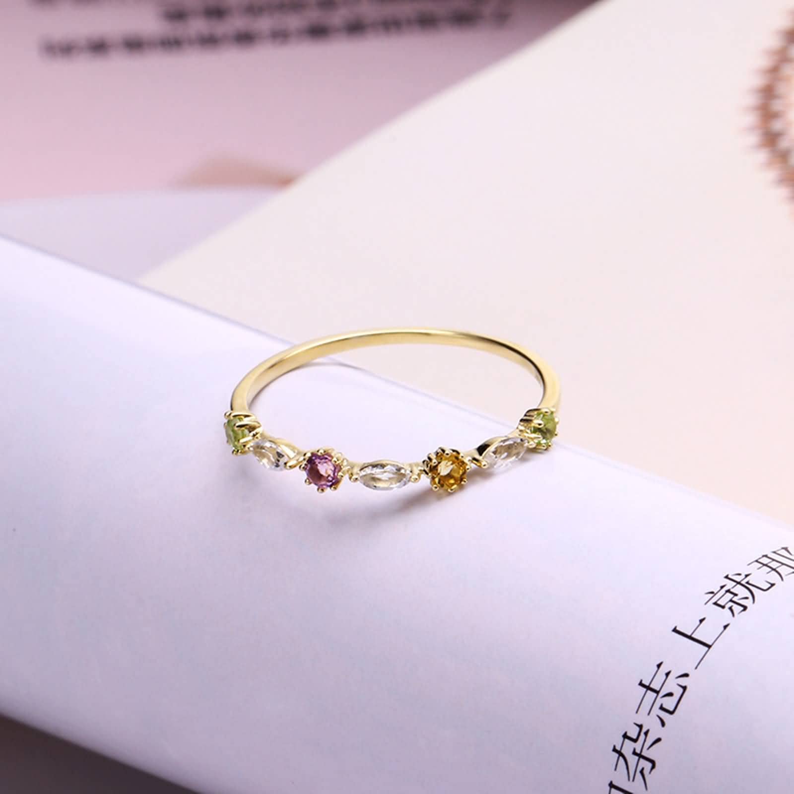 Anello da donna in oro giallo 18 carati, sottile topazio bianco con gemma multicolore, anelli di fidanzamento per donne, misura