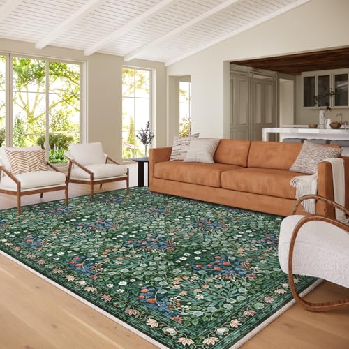 Image of Floral Dark Green Area Rugs 8x10, Soft Washable Non-Slip Boho Forest Large Rug for Living Room, Bedroom, Farmhouse Dining Room & Office
