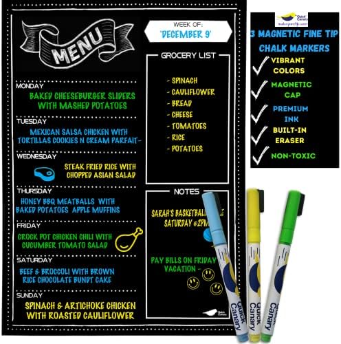 Magnetic Menu Board for Kitchen with Vibrant Neon Chalk Markers- 16x12" - Dry Erase Weekly Meal Planner and Grocery List Magnet Pad for Fridge - Super Easy to Erase Black Chalkboard Calendar