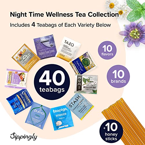 Night Time Wellness Tea Collection 40 Relaxing Tea Bags | Natural Way To Calm Down Before Bedtime | Best Father's Day Tea Sampler Gift | 10 Brands 10 Flavors Plus 10 Honey Sticks #TOP1