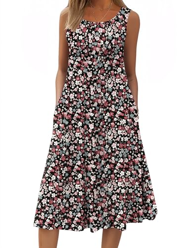 Image of HOTOUCH Summer Casual Dresses for Women Sleeveless Midi Dress Swing Tank Sundress Pleated Tshirt Dress with Pockets