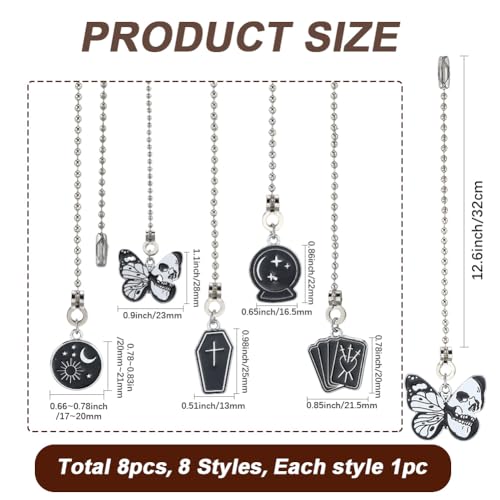 Image of CRASPIRE 8Pcs Halloween Fan Pull Chain Alloy Enamel Vintage Goth Butterfly Star Moon Sun Hanging Charm Pendant Ball Bead Ceiling Fan Chain Extender Danglers Ornament for Ceiling Fan Light Lamp Decor
