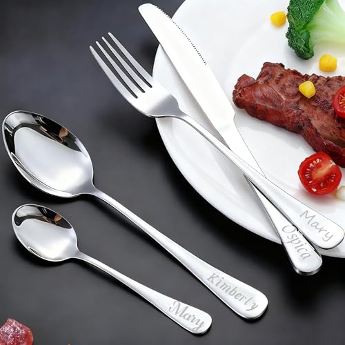 Cubiertos Grabados Personalizados, Juego de 4 Piezas, Juego de Cubiertos de Acero Inoxidable Grabados, Cubiertos Personalizados para Adultos, Tenedor, Cuchillo, Cuchara y Cucharilla (Plata)